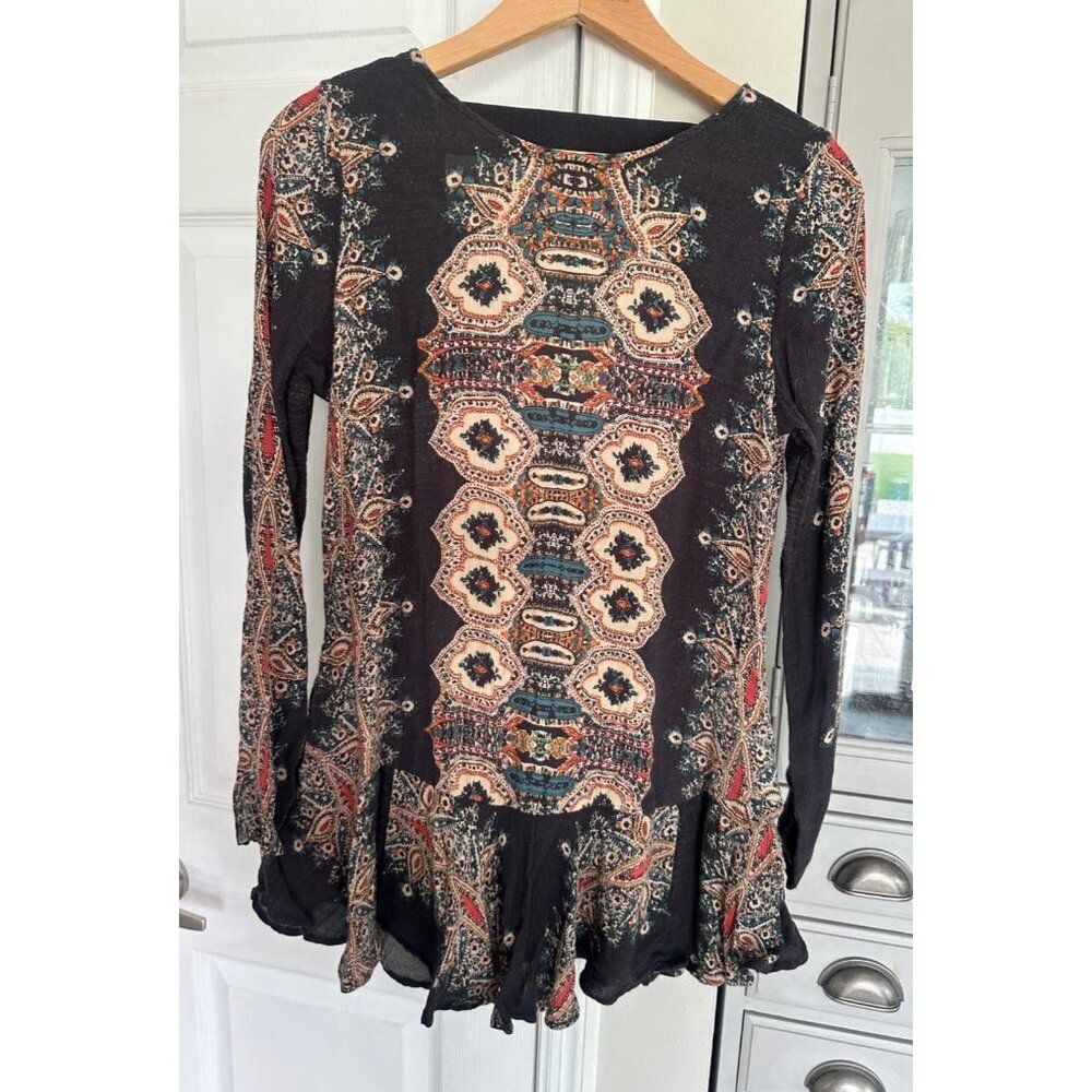 Free People Black Paisley-Print Long Sleeve Mini Dress - Picture 2 of 9